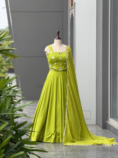 Radiant Parrot Green Rayon Cotton Lehenga Choli with Mirror and Diamond Embroidery Navratri Lehnega Choli
