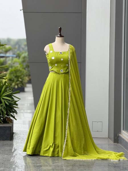 Radiant Parrot Green Rayon Cotton Lehenga Choli with Mirror and Diamond Embroidery Navratri Lehnega Choli