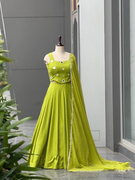 Radiant Parrot Green Rayon Cotton Lehenga Choli with Mirror and Diamond Embroidery Navratri Lehnega Choli