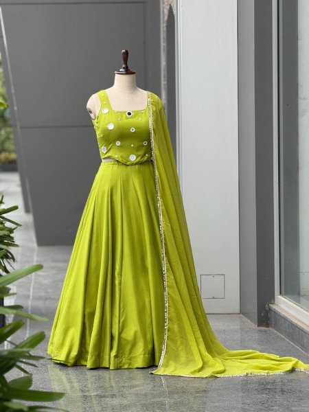 Radiant Parrot Green Rayon Cotton Lehenga Choli with Mirror and Diamond Embroidery Navratri Lehnega Choli