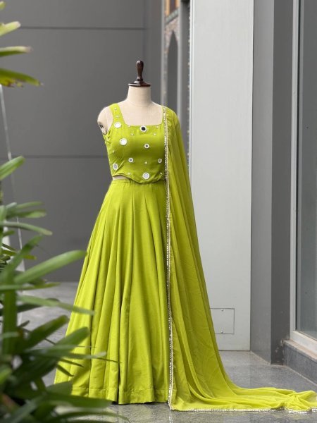 Radiant Parrot Green Rayon Cotton Lehenga Choli with Mirror and Diamond Embroidery Navratri Lehnega Choli