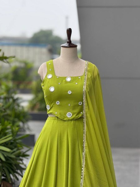 Radiant Parrot Green Rayon Cotton Lehenga Choli with Mirror and Diamond Embroidery Navratri Lehnega Choli