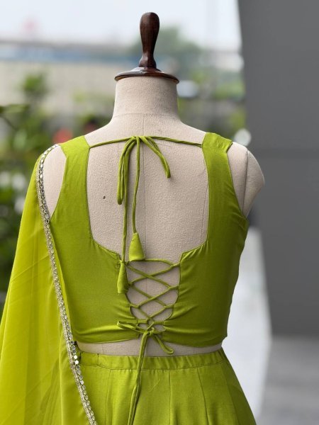 Radiant Parrot Green Rayon Cotton Lehenga Choli with Mirror and Diamond Embroidery Navratri Lehnega Choli