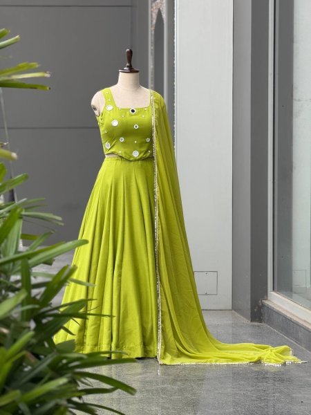 Radiant Parrot Green Rayon Cotton Lehenga Choli with Mirror and Diamond Embroidery Navratri Lehnega Choli