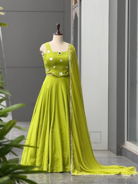 Radiant Parrot Green Rayon Cotton Lehenga Choli with Mirror and Diamond Embroidery Navratri Lehnega Choli