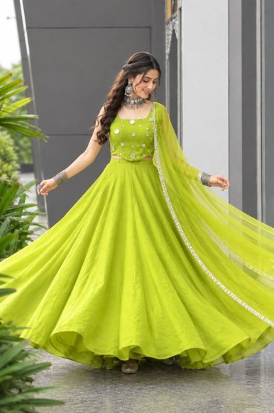 Radiant Parrot Green Rayon Cotton Lehenga Choli with Mirror and Diamond Embroidery Navratri Lehnega Choli