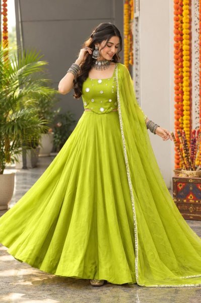 Radiant Parrot Green Rayon Cotton Lehenga Choli with Mirror and Diamond Embroidery Navratri Lehnega Choli