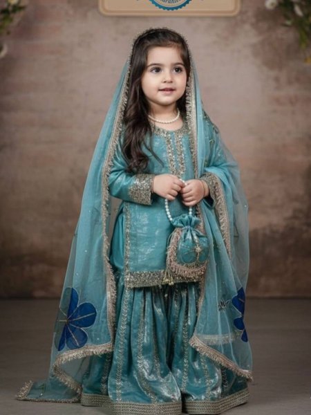 Radiant Peacock Green Kids Fendi Silk Sharara Set with Embroidery Work Kurtis