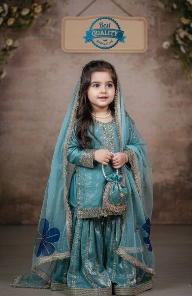 Radiant Peacock Green Kids Fendi Silk Sharara Set with Embroidery Work Girls Wear