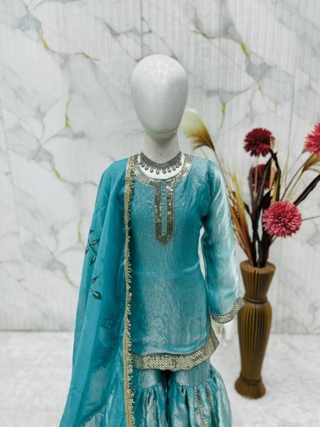 Radiant Peacock Green Kids Fendi Silk Sharara Set with Embroidery Work Girls Wear