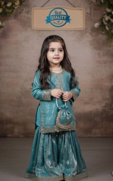 Radiant Peacock Green Kids Fendi Silk Sharara Set with Embroidery Work Girls Wear