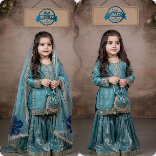 Radiant Peacock Green Kids Fendi Silk Sharara Set with Embroidery Work Girls Wear