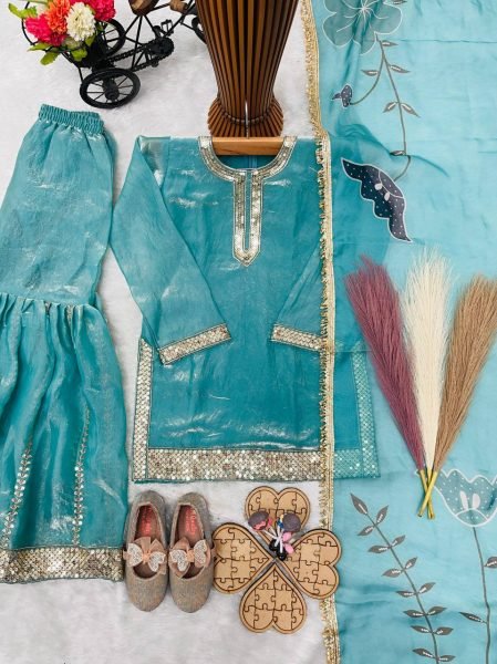 Radiant Peacock Green Kids Fendi Silk Sharara Set with Embroidery Work Girls Wear