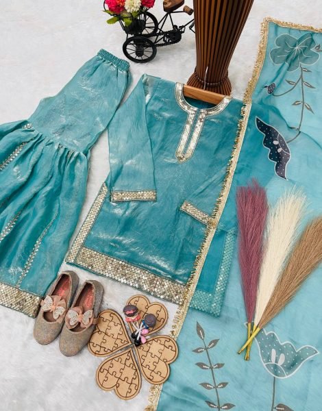 Radiant Peacock Green Kids Fendi Silk Sharara Set with Embroidery Work Girls Wear