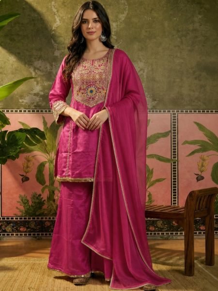 Radiant Pink French Crepe Party Wear Kurti Palazzo with Organza Silk Dupatta for Festival  Kurtis