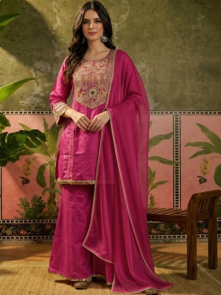Radiant Pink French Crepe Party Wear Kurti Palazzo with Organza Silk Dupatta for Festival  3 Piece Kurti Set