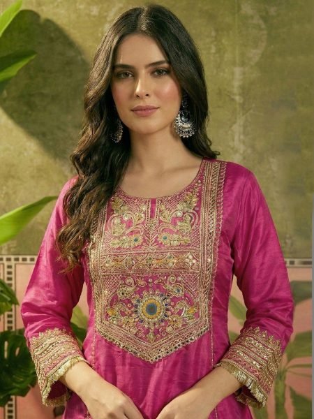 Radiant Pink French Crepe Party Wear Kurti Palazzo with Organza Silk Dupatta for Festival  3 Piece Kurti Set