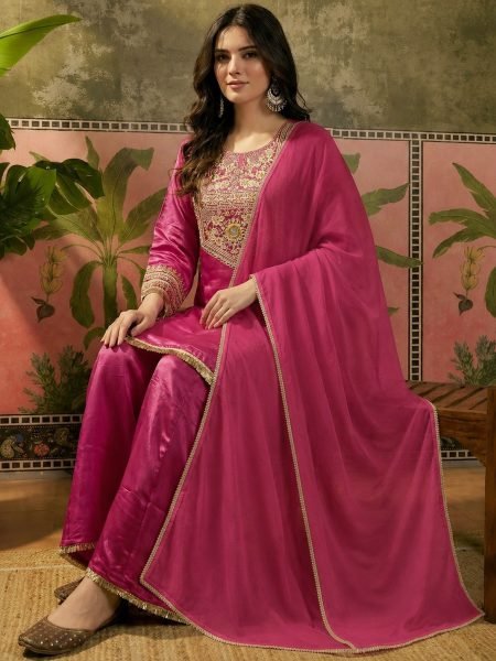 Radiant Pink French Crepe Party Wear Kurti Palazzo with Organza Silk Dupatta for Festival  3 Piece Kurti Set
