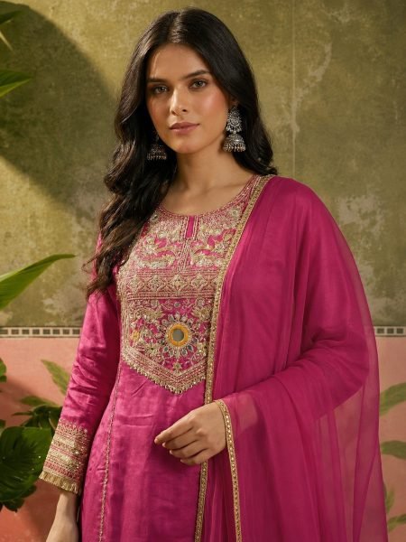 Radiant Pink French Crepe Party Wear Kurti Palazzo with Organza Silk Dupatta for Festival  3 Piece Kurti Set