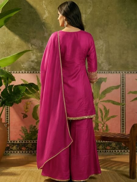 Radiant Pink French Crepe Party Wear Kurti Palazzo with Organza Silk Dupatta for Festival  3 Piece Kurti Set