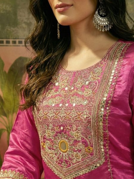 Radiant Pink French Crepe Party Wear Kurti Palazzo with Organza Silk Dupatta for Festival  3 Piece Kurti Set