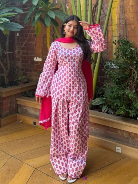 Radiant Pink Pure Cambric Cotton Kurta Farshi Pant Set With Dupatta For Affordable Wholesale Prices 