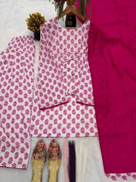 Radiant Pink Pure Cambric Cotton Kurta Farshi Pant Set With Dupatta For Affordable Wholesale Prices Ready To Wear Collection