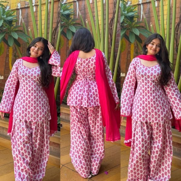 Radiant Pink Pure Cambric Cotton Kurta Farshi Pant Set With Dupatta For Affordable Wholesale Prices Ready To Wear Collection