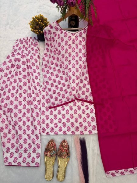 Radiant Pink Pure Cambric Cotton Kurta Farshi Pant Set With Dupatta For Affordable Wholesale Prices Ready To Wear Collection