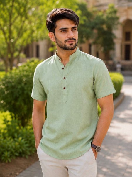 Radiant Pista Men's Khadi Linen Short Kurta for Daily Wear and Family Functions 