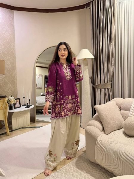 Radiant Purple Cream French Crepe Co Ord Set with Front and Back Embroidery Work Kurtis
