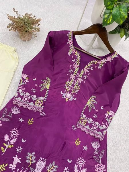 Radiant Purple Cream French Crepe Co Ord Set with Front and Back Embroidery Work CO ORD Sets