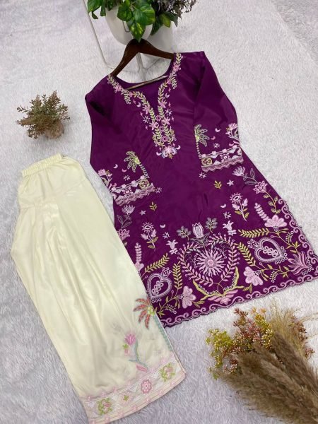 Radiant Purple Cream French Crepe Co Ord Set with Front and Back Embroidery Work CO ORD Sets