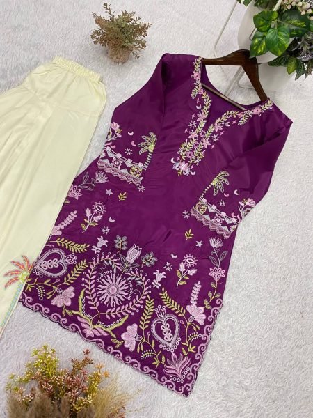 Radiant Purple Cream French Crepe Co Ord Set with Front and Back Embroidery Work CO ORD Sets