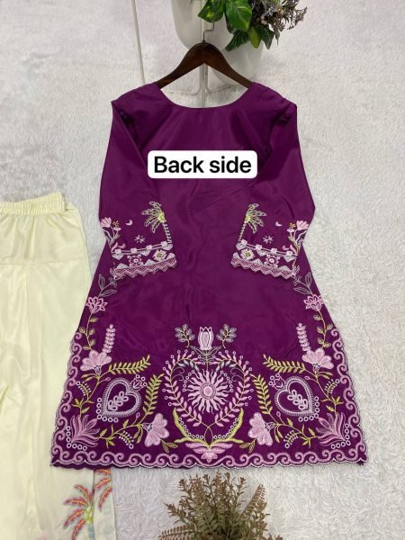 Radiant Purple Cream French Crepe Co Ord Set with Front and Back Embroidery Work CO ORD Sets