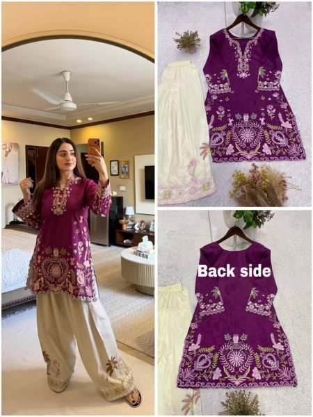 Radiant Purple Cream French Crepe Co Ord Set with Front and Back Embroidery Work CO ORD Sets