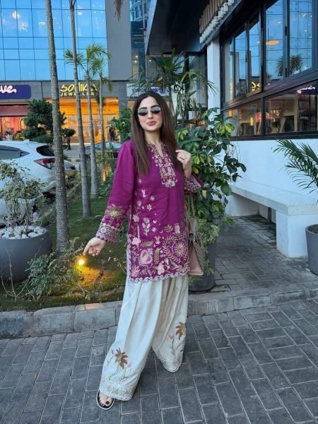 Radiant Purple Cream French Crepe Co Ord Set with Front and Back Embroidery Work CO ORD Sets