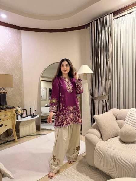 Radiant Purple Cream French Crepe Co Ord Set with Front and Back Embroidery Work CO ORD Sets