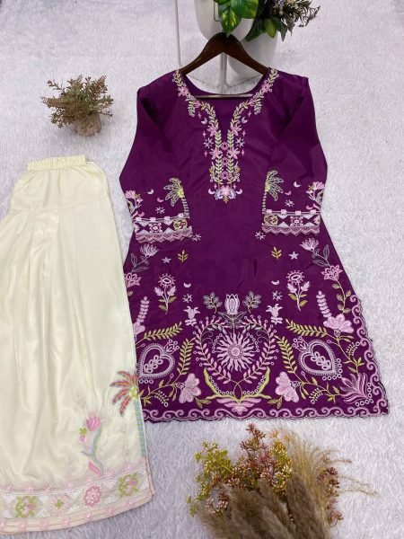 Radiant Purple Cream French Crepe Co Ord Set with Front and Back Embroidery Work CO ORD Sets