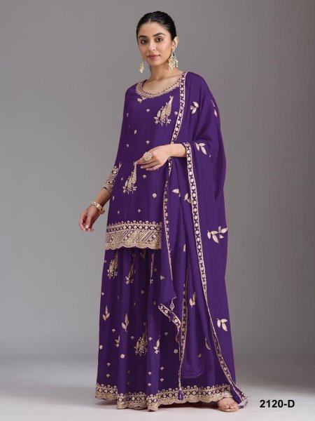 Radiant Purple Designer Chinon Silk 3 Piece Suit with Heavy Embroidery Work at Wholesale Rate Designer Plazzo Salwar Suits Wholesale