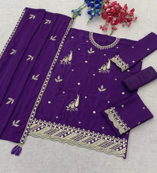 Radiant Purple Designer Chinon Silk 3 Piece Suit with Heavy Embroidery Work at Wholesale Rate Designer Plazzo Salwar Suits Wholesale