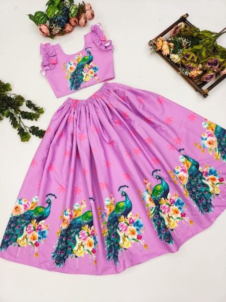 Radiant Purple Designer Heavy Twill Blouse with Chinon Silk Lehenga Set for Festive Wear Girls Wear