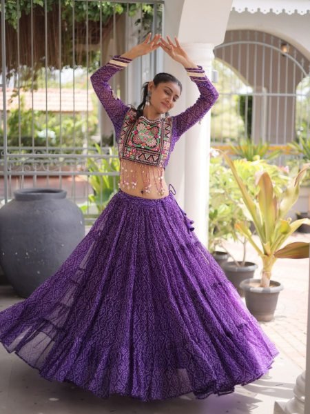 Radiant Purple Faux Georgette Lehenga with Kutchi Patchwork Blouse For Navrati  Lehenga