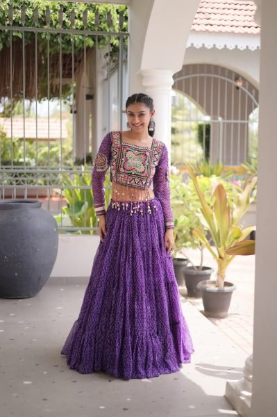Radiant Purple Faux Georgette Lehenga with Kutchi Patchwork Blouse For Navrati Navratri Lehnega Choli