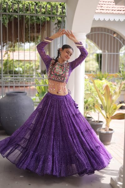 Radiant Purple Faux Georgette Lehenga with Kutchi Patchwork Blouse For Navrati Navratri Lehnega Choli