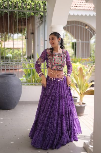 Radiant Purple Faux Georgette Lehenga with Kutchi Patchwork Blouse For Navrati Navratri Lehnega Choli