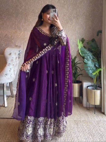 Radiant Purple Fendy Silk Anarkali Set with Embroidered Dupatta for Festive Celebrations Ready To Wear Suit