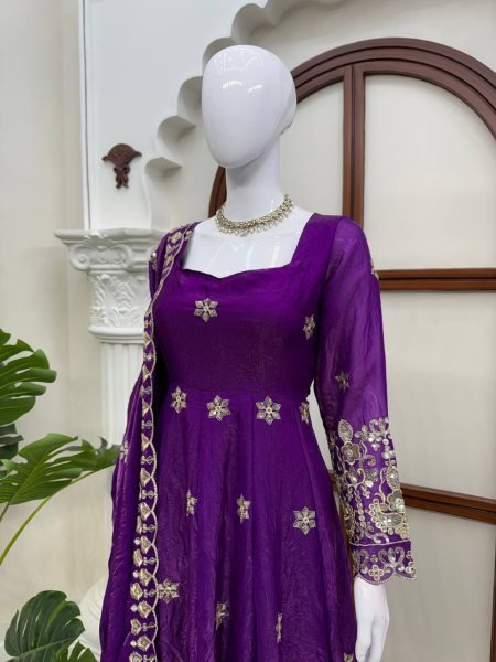 Radiant Purple Fendy Silk Anarkali Set with Embroidered Dupatta for Festive Celebrations Ready To Wear Collection