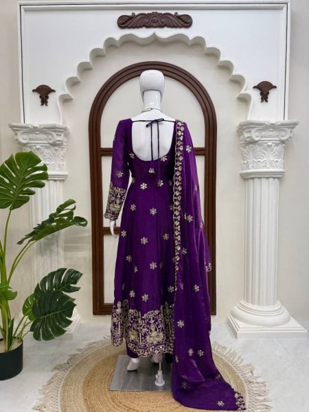 Radiant Purple Fendy Silk Anarkali Set with Embroidered Dupatta for Festive Celebrations Ready To Wear Collection