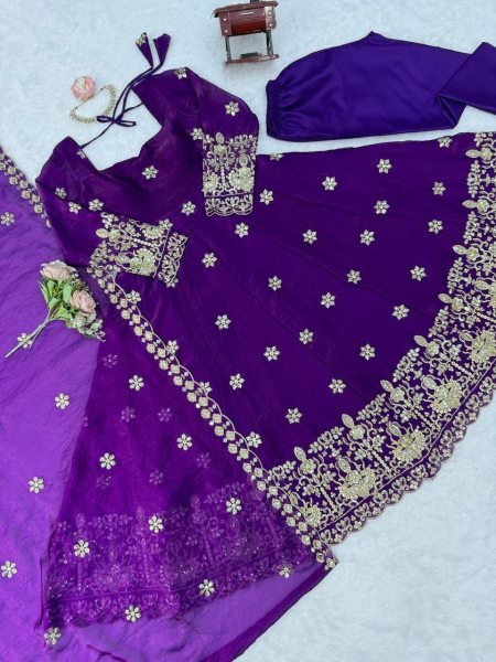 Radiant Purple Fendy Silk Anarkali Set with Embroidered Dupatta for Festive Celebrations Ready To Wear Collection